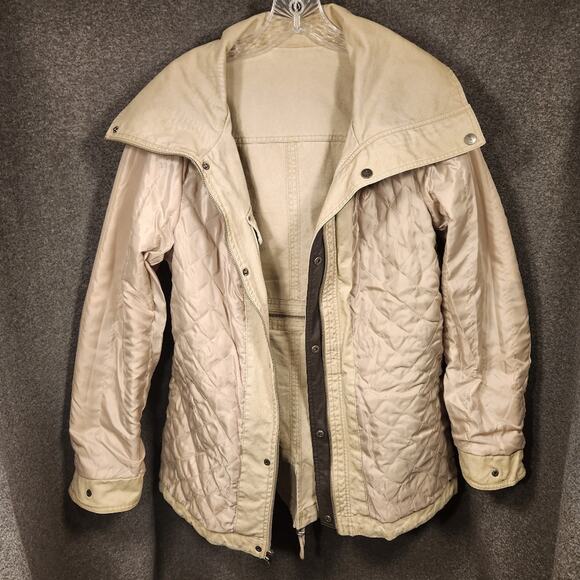 BNCI Tan Brown Canvas Utility Jacket Faux Leather Neutral Pockets Womens Large L - Picture 10 of 12